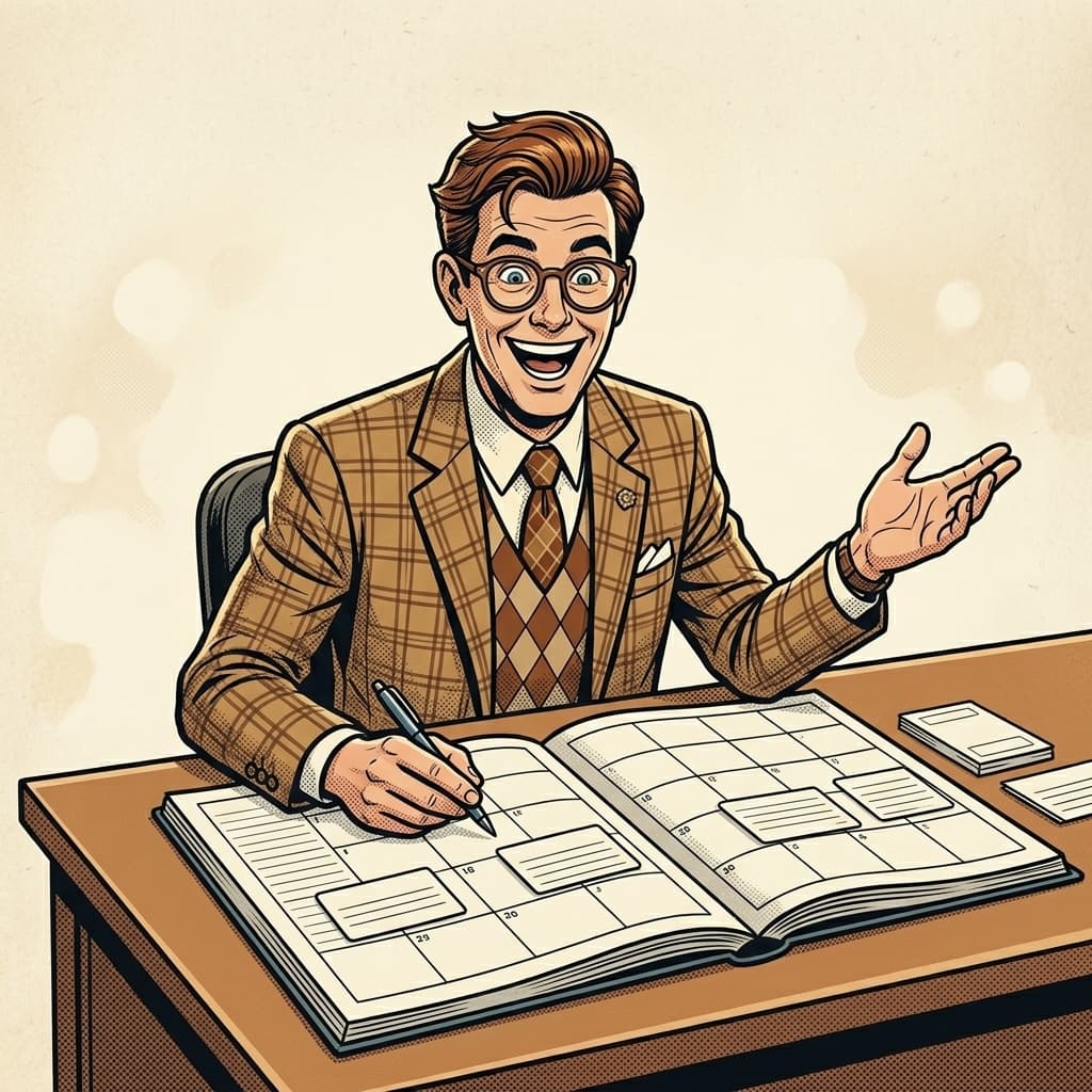 Norman at his desk, beaming, writing in an open appointment book and gesturing as if welcoming someone in.