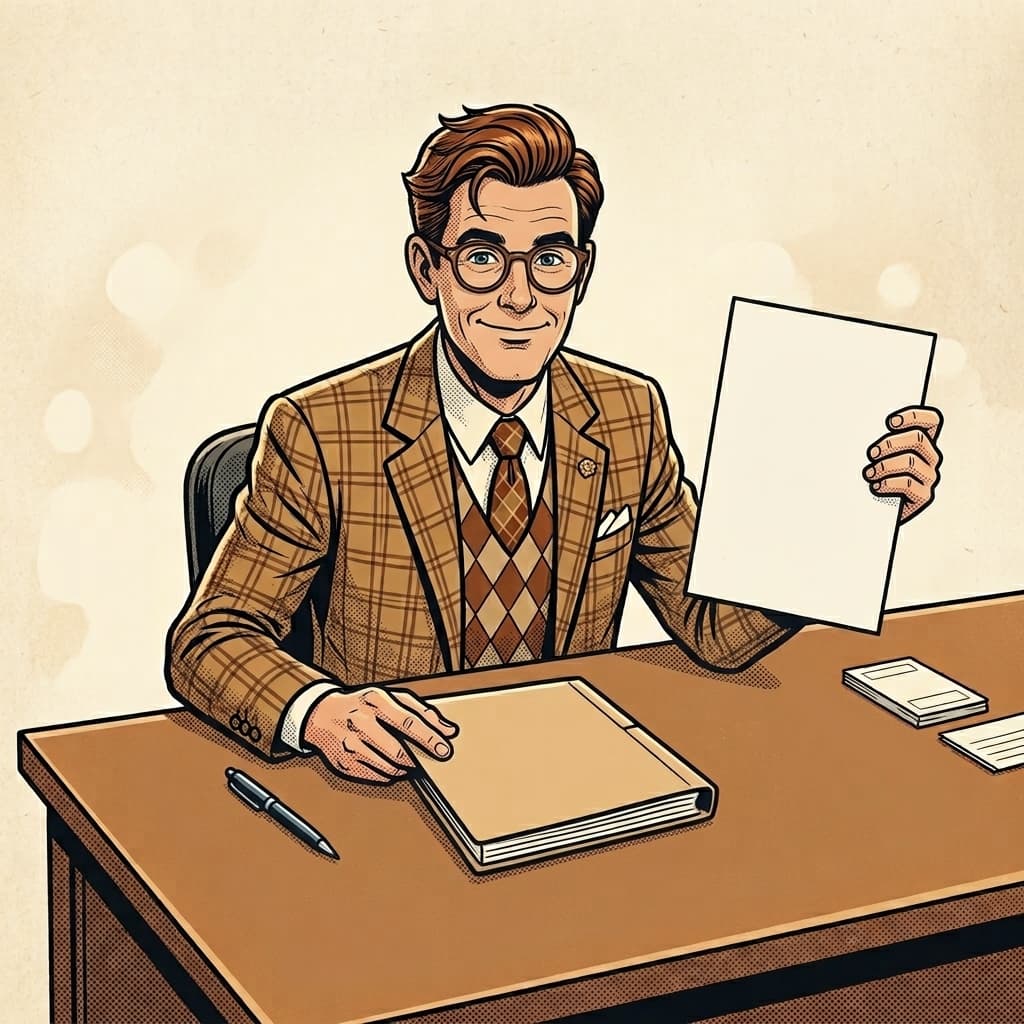 Norman at his desk, smiling, holding up a single page beside a closed binder.