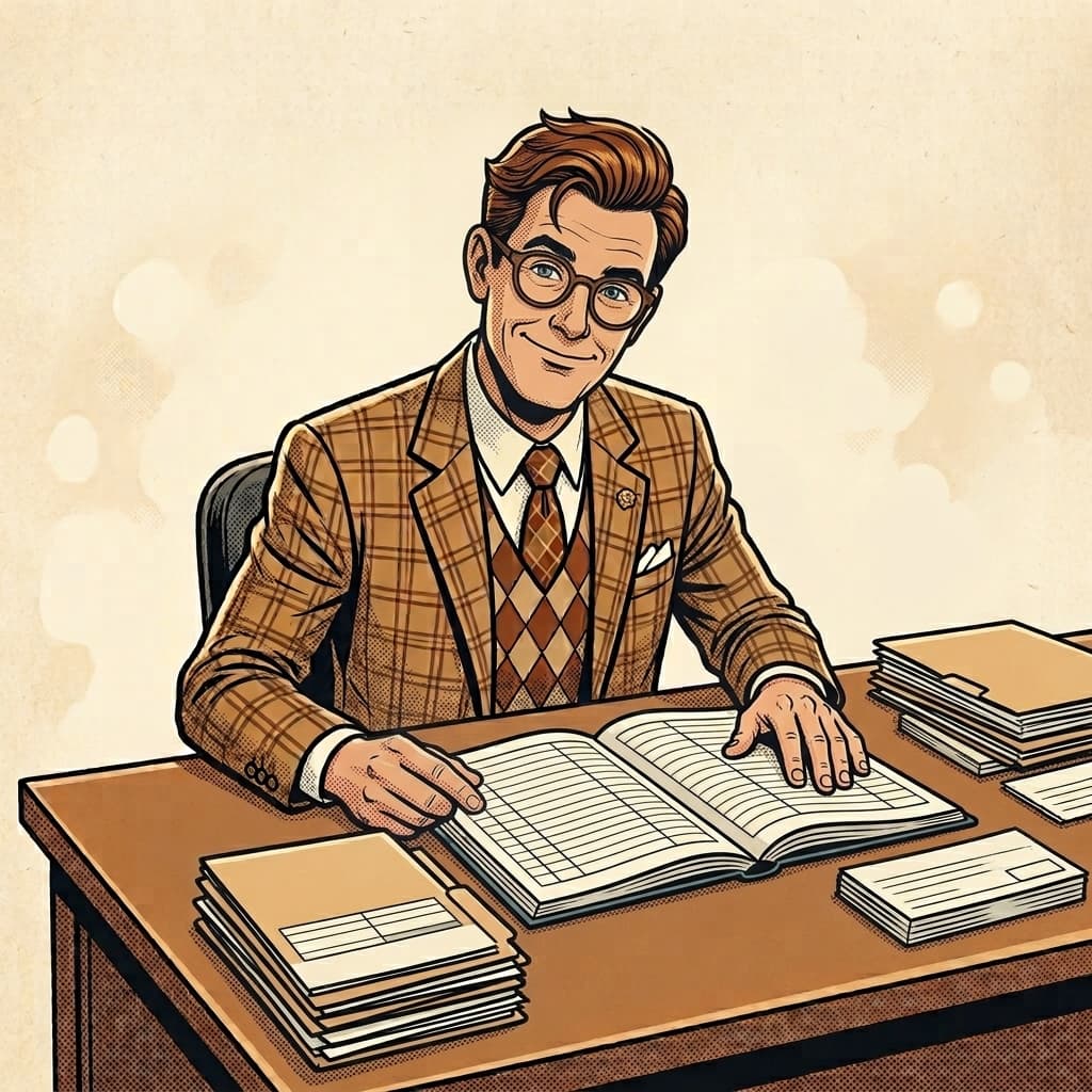 Norman at his desk with his hands on an open ledger, beside neat stacks of files, giving a knowing, satisfied smile.